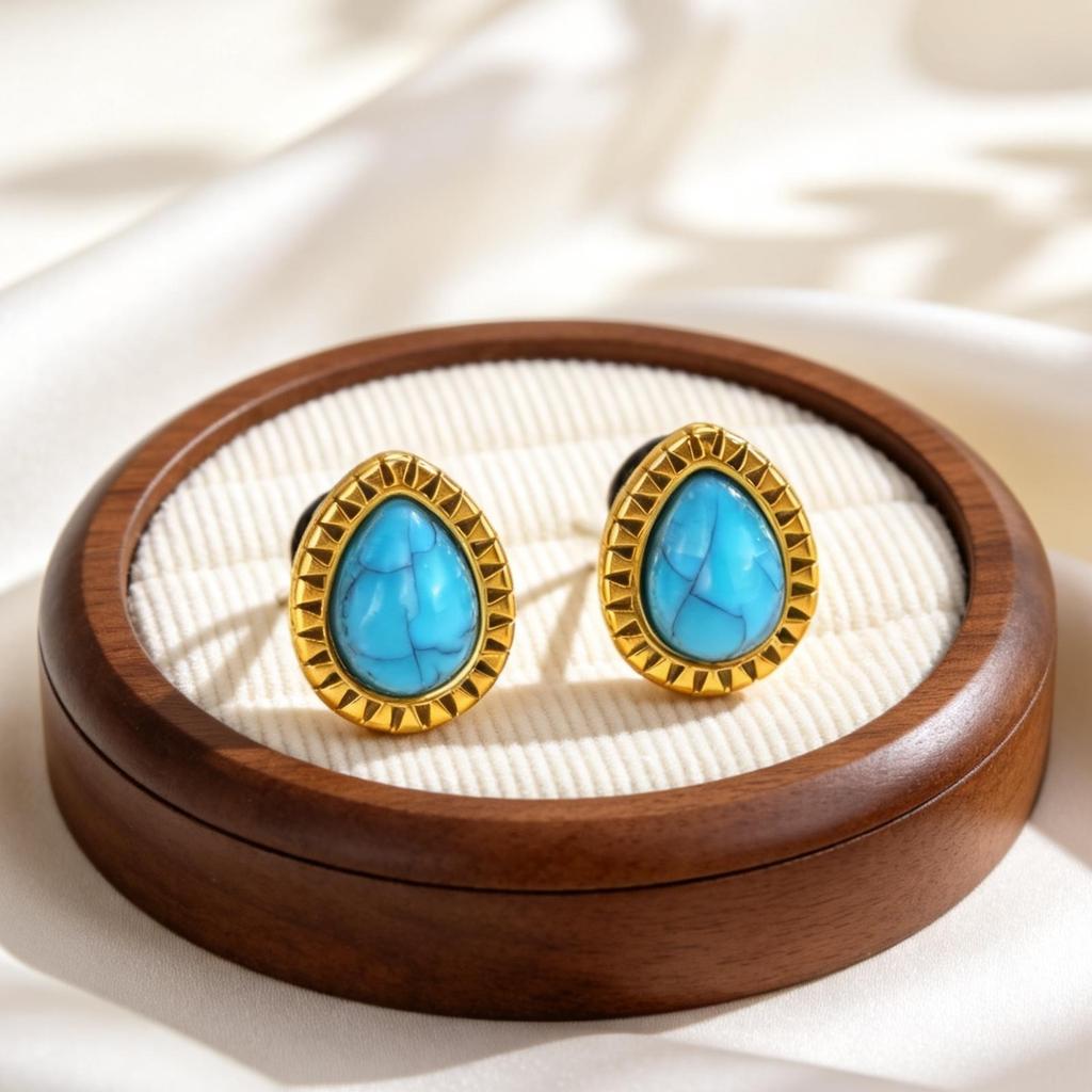 Fashion Water Drop Shape Turquoise Stud Earrings Gold Plated Women's Stainless Steel Water Droplets Earrings Hip Pop Jewelry