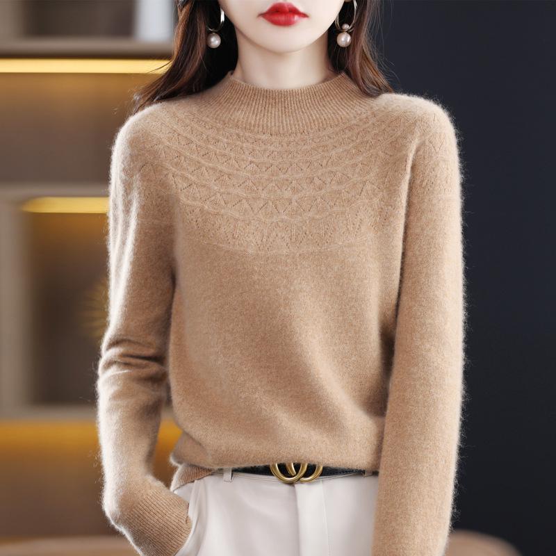 2025 Autumn/Winter Women's Half-High Collar Hollow Design Pure Wool Seamless Sweater Pullover