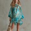 2026 European and American Printed Off-the-shoulder One-word Neck Bubble Sleeve Waist Ruffle Edge Vacation Chiffon Short Dress