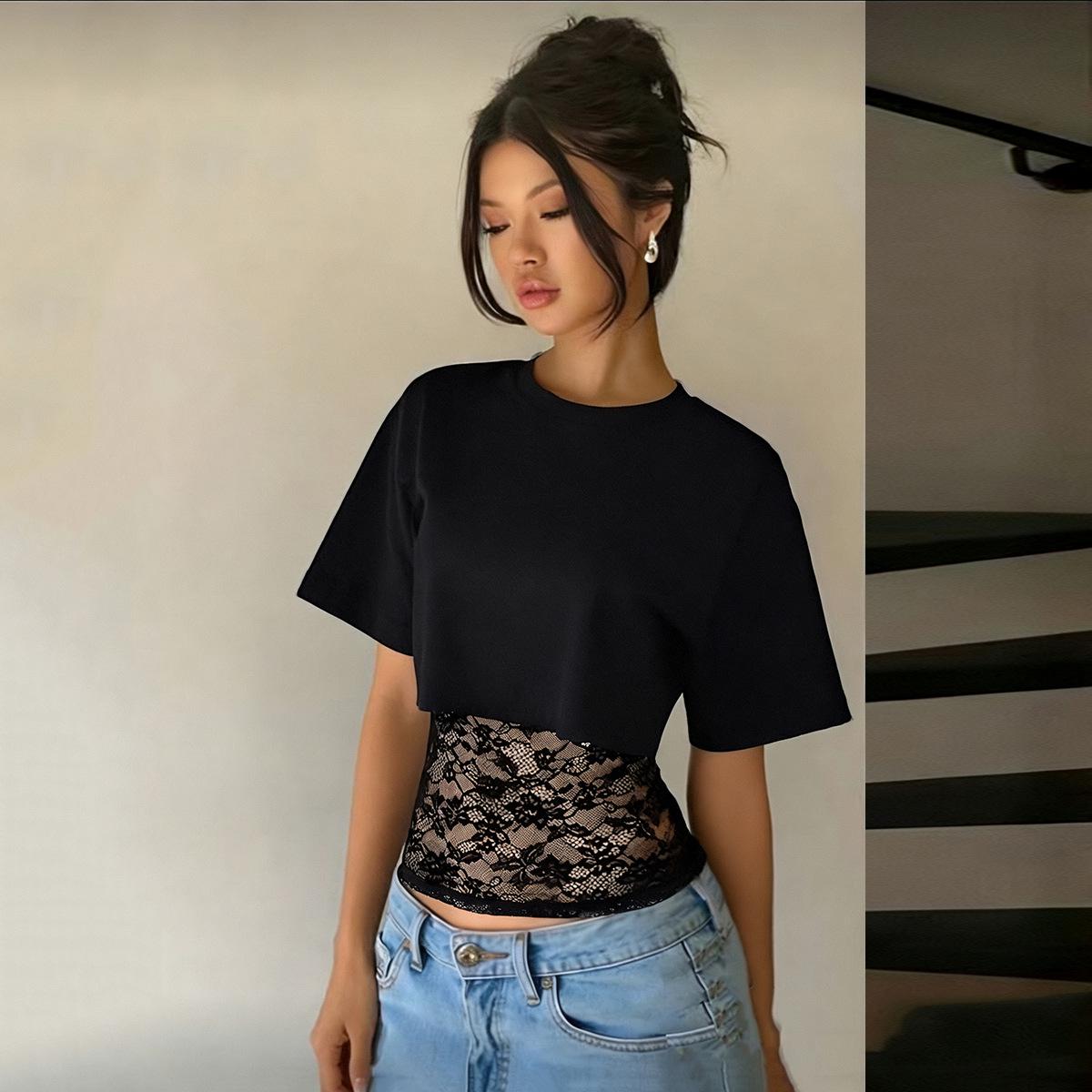 

Autumn 2025 European & American Loose Cropped Elastic Round Neck Women s Two-Piece Top Large чорний