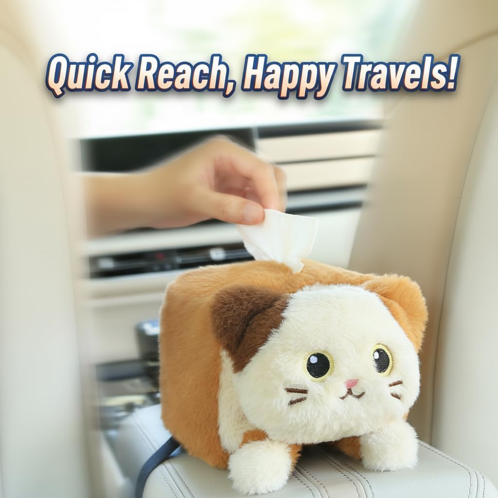 Drivers Cute Plush Animal Car Tissue Box Holder, Vehicle Console Napkin Dispenser, Secure Strap, Easy Refill, Tidy Ride, All-Season