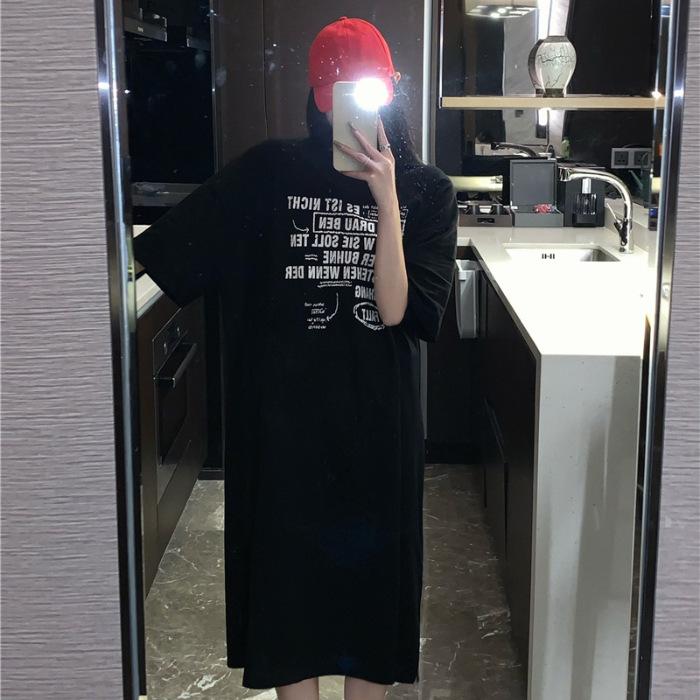 Pure cotton round neck short-sleeved t-shirt skirt children's Korean version loose large size medium and long dress knee-length dress summer tide