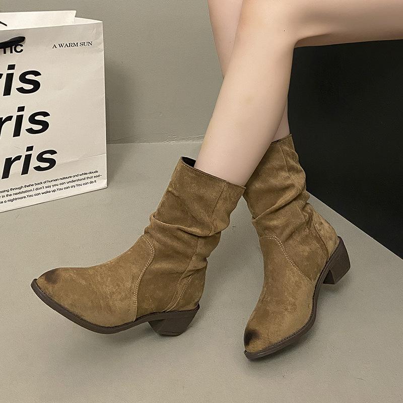 Pointed thick heel stack boots 2025 autumn Korean version of the new thin elastic boots temperament suede middle heel fashion Martin boots
