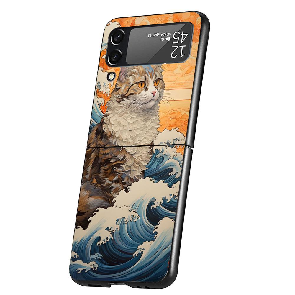Anime Cat Sea Wave Aesthetic Cover Phone Case For Samsung Galaxy Z Flip 7 6 5 4 3 5G Flip7 Flip6 Flip5 Flip4 Flip3 Black Fundas