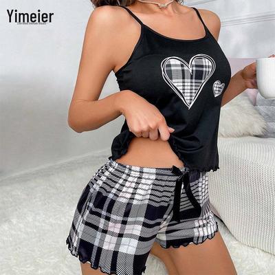 Damen Sommer 2024 Herz-Plaid Camisole Pyjama-Set