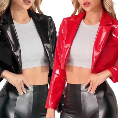 Glänzender Kunstleder-Damenmantel, langärmelig, einfarbig, Reversjacke, Damen, Clubwear, Cosplay, Party, Leistung, Festival, Kostüm