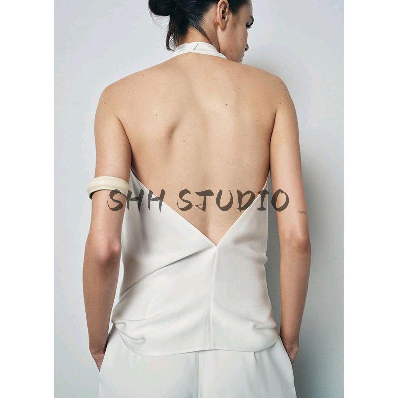 Spring New Women's Clothing Elegant Elegance White Circular Lower Hem Open Back Hanging Collar Tops 2649074