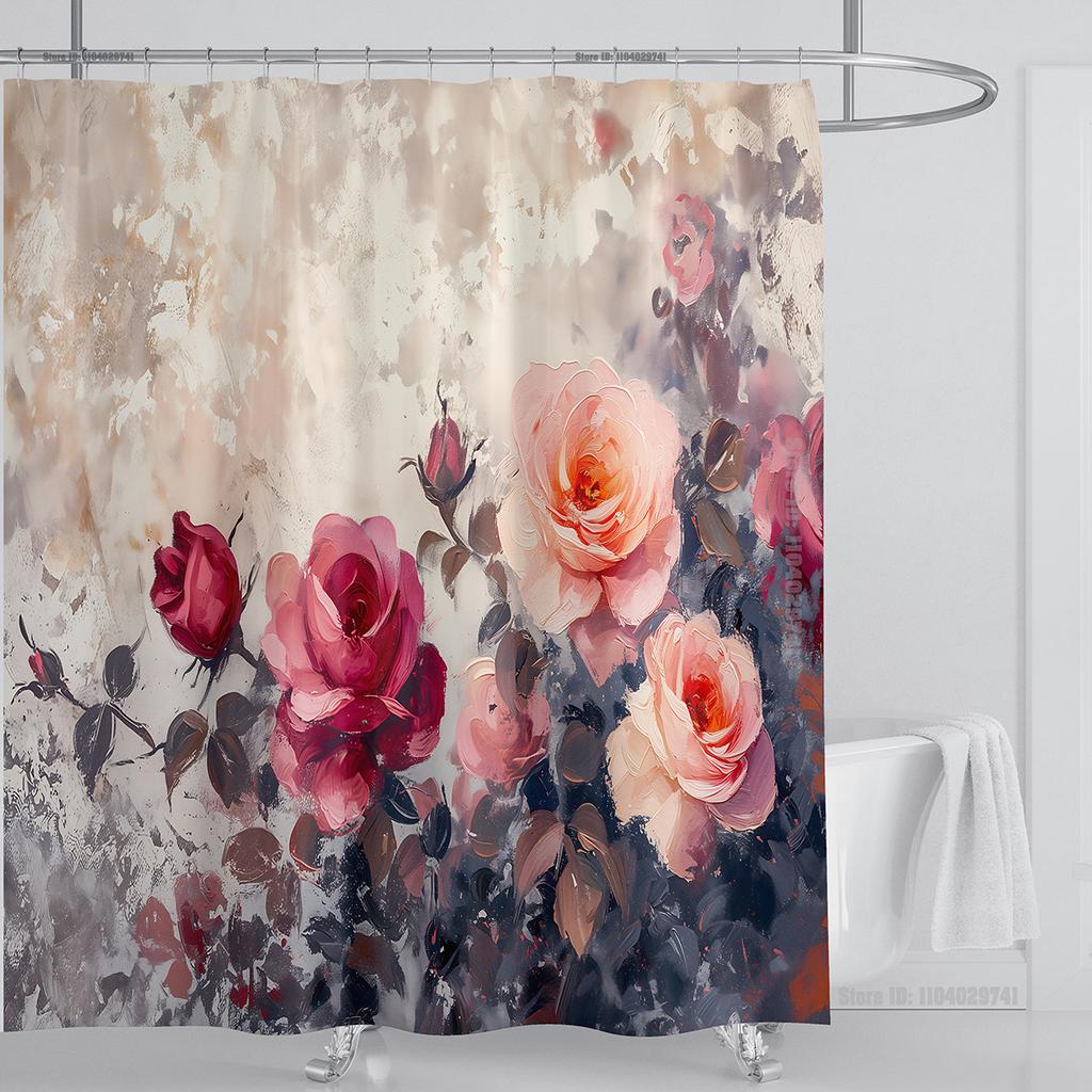 Rose Flower Shower Curtain Waterproof Shower Curtain Polyester Fabric 3D Printed Curtain Bathroom Decoration With Hook