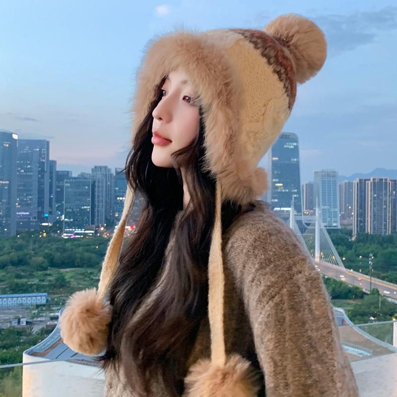 Womens Cute Knit Beanie With Pom Winter Warm Hat Large Head Windproof Earflap Cap