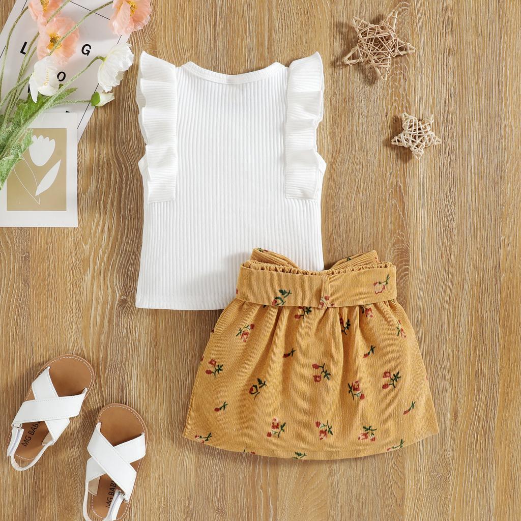 Girls' Fashion Set Children's Flying Sleeve Floral Corduroy Skirt Two-piece Set