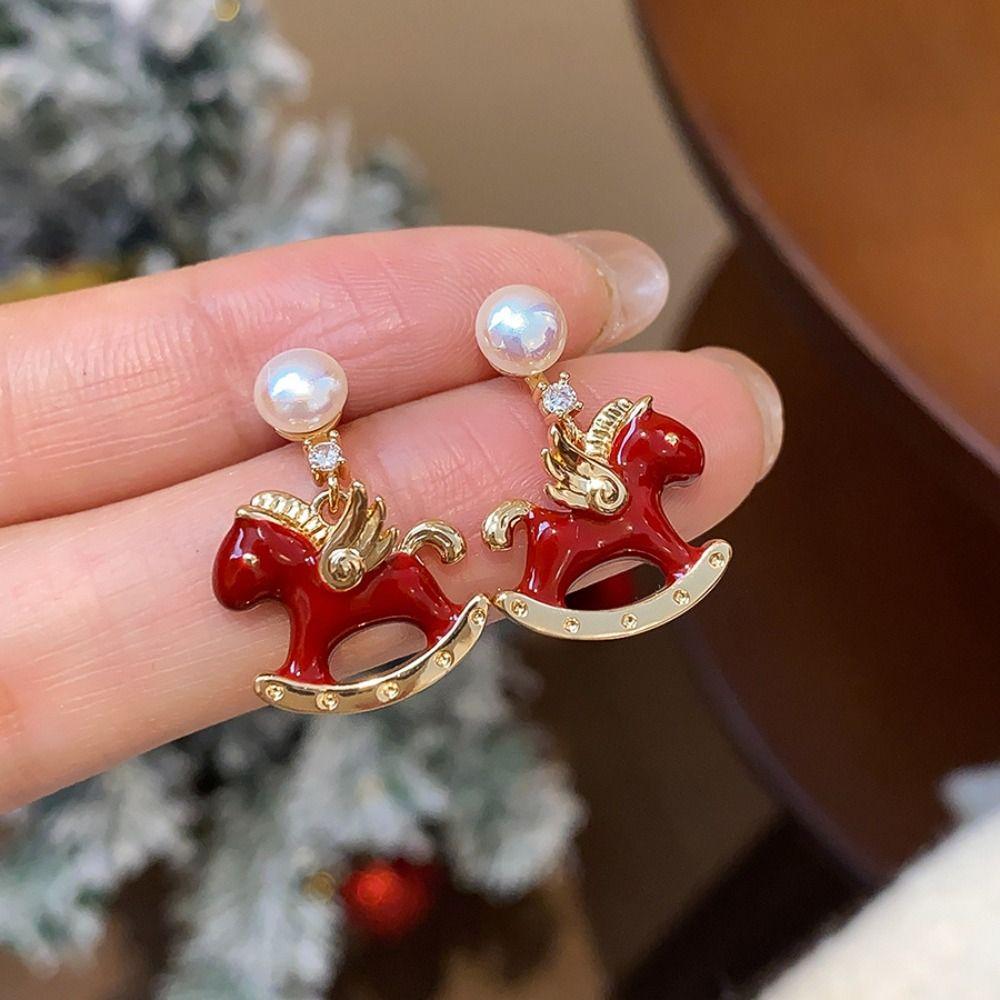 Fashion Jewelry Pearl Pony Earrings Zodiac Pony Red Drop Earrings  New Year Gift