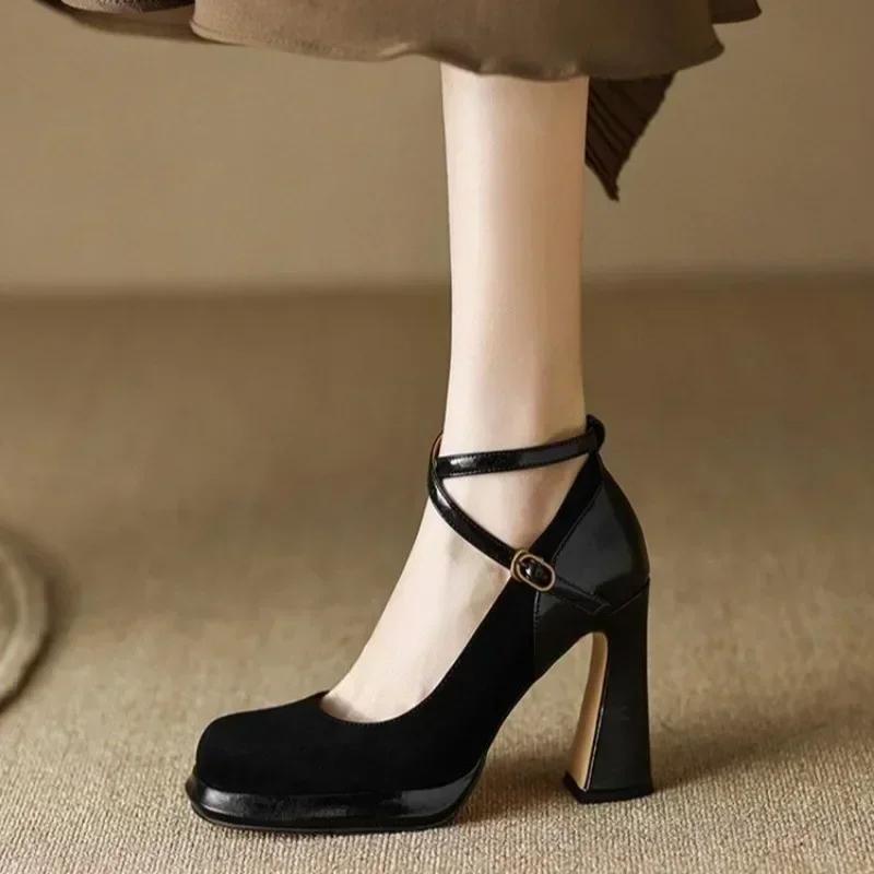 Shoes for Men Faux Suede Sexy Pumps Ladies Vintage Black Sandals Woman Office Buckle Non-Slip Casual Wedding Shoes Bride Heels