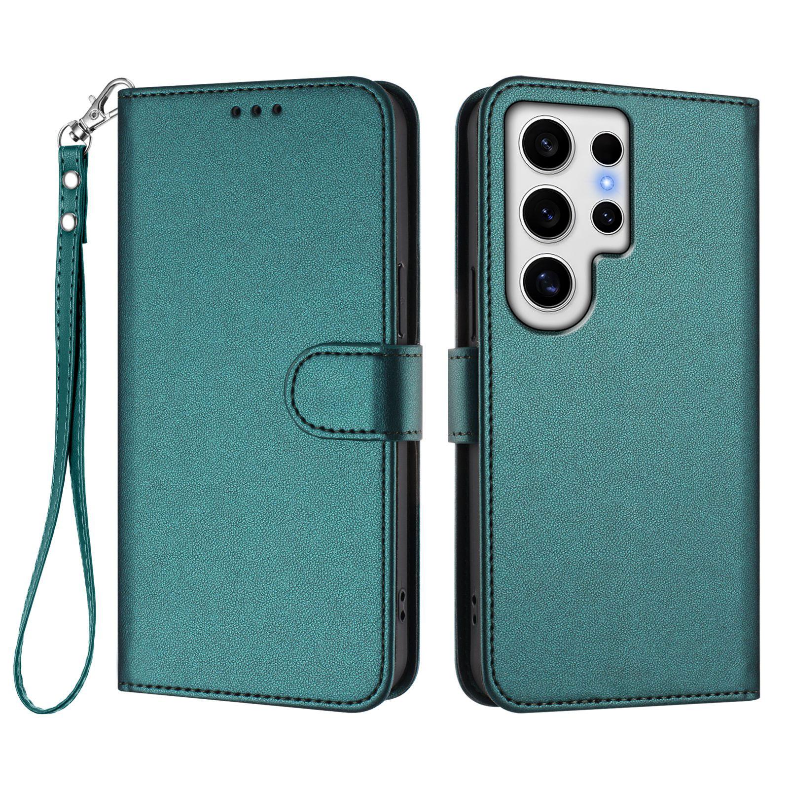 

Кожаный чехол-кошелек со стендом для Samsung Galaxy S24 Ultra с ремешком на запястье Green