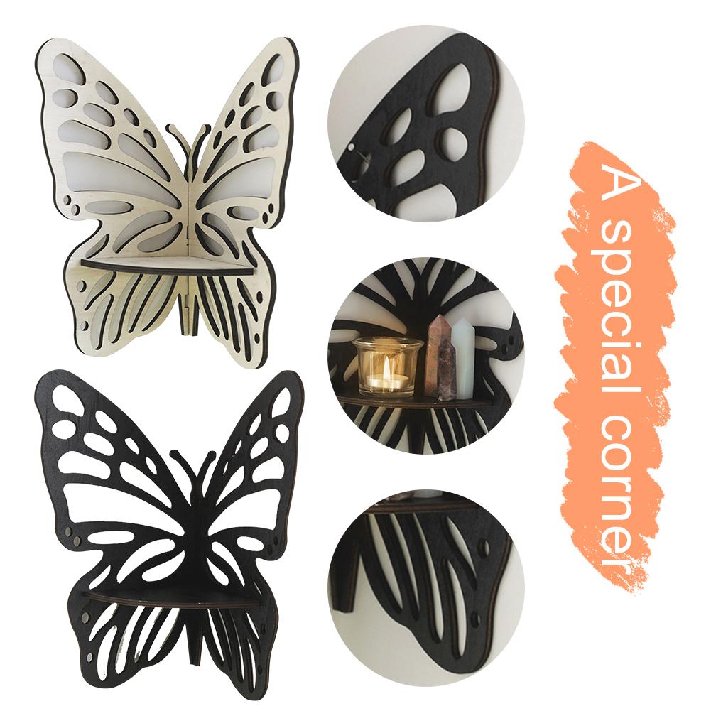 Butterfly Corner Shelf Wall Mounted Showcase Stand Wood Crystal Display Shelf Decorative Shelf for Bathroom Living Room Bedroom