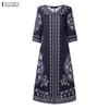 ZANZEA Women Ethnic Print Casual V-Neck 3/4 Sleeve Loose Dress