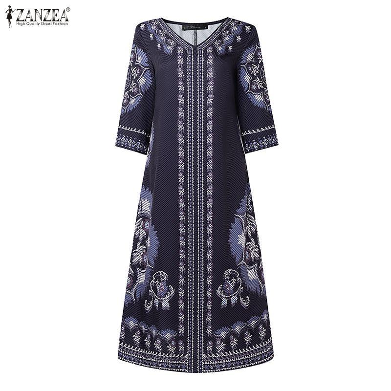ZANZEA Women Ethnic Print Casual V-Neck 3/4 Sleeve Loose Dress
