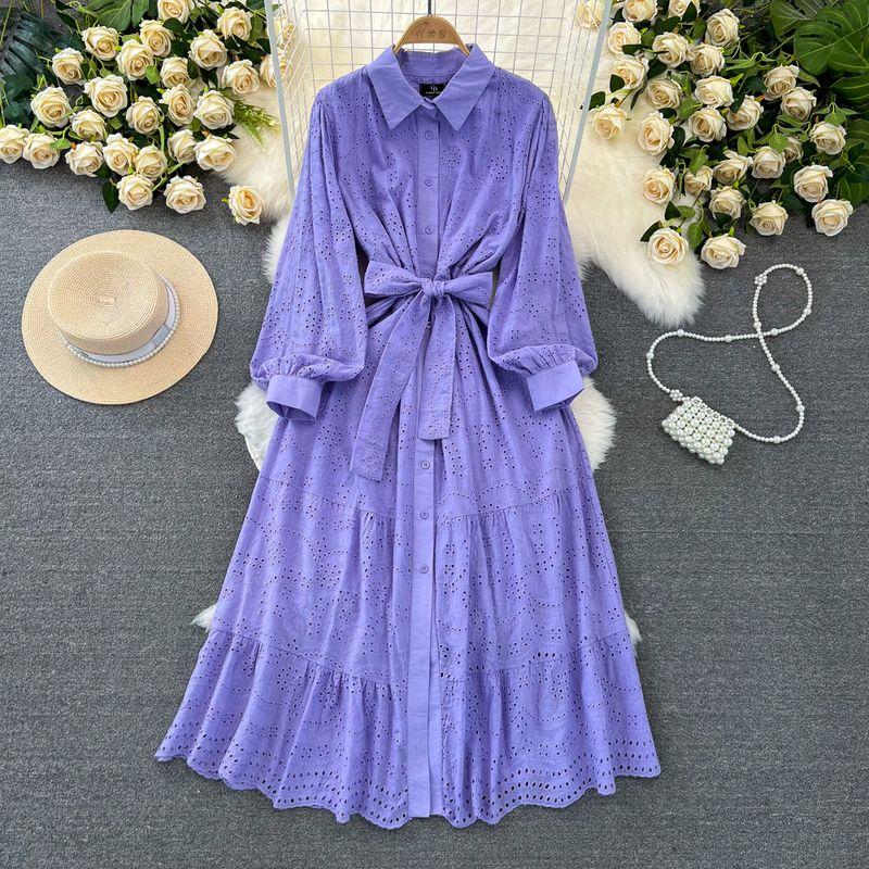 

Retro Long Sleeves Lapel A- line Dress Elegance Embroider Purple 2XL