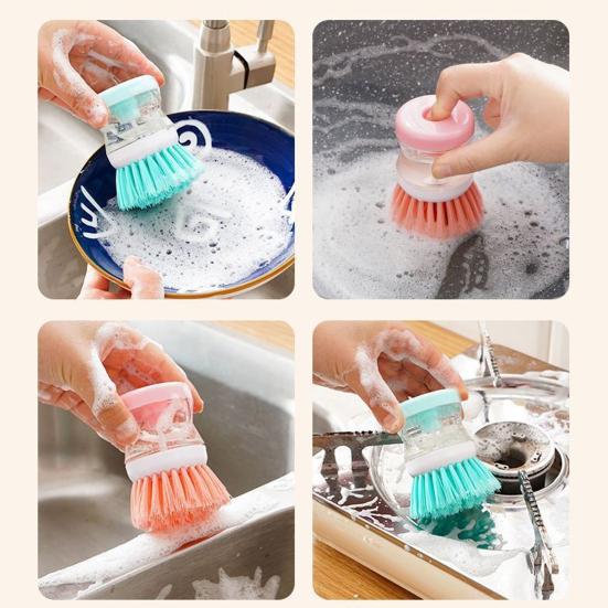 3Pcs Cleaning Brush Ergonomic Design Powerful Cleaning Hard Bristles Liquid-Adding Feature Soap Dispenser Dish Brush