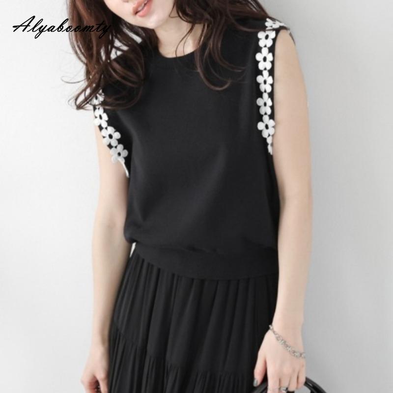 

Корейский стиль Летняя женская уличная трикотажная футболка-бриф с круглым вырезом Белая черная трикотажная футболка без рукавов с цветочным принтом Элегантная футболка One Size