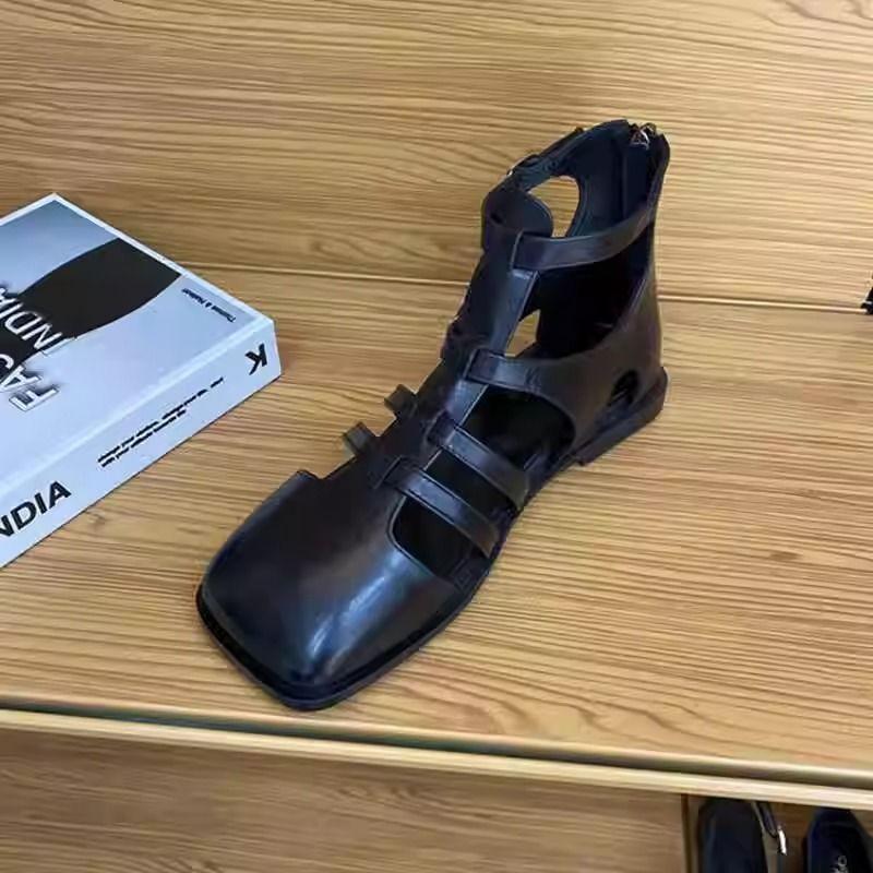 Summer High-quality Women's Shoes, Fashionable Solid Color Low-heeled Square Toe One-line Buckle Zipper Women's Toe-cap Sandals