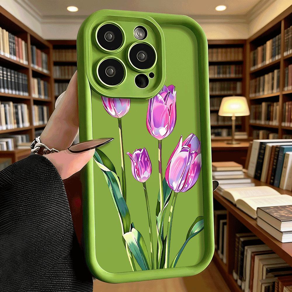 Pink Purple Tulips Bouquet Soft TPU Phone Case for iPhone 17 16 15 14 13 12 11 Pro Max Plus Shockproof Anti-Slip Cover
