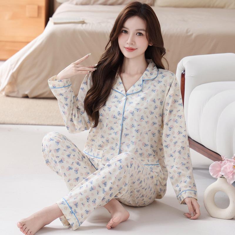 Fashion sweet printed pajamas women's spring and autumn imitation cotton long-sleeved loungewear large size comfortable mother suit