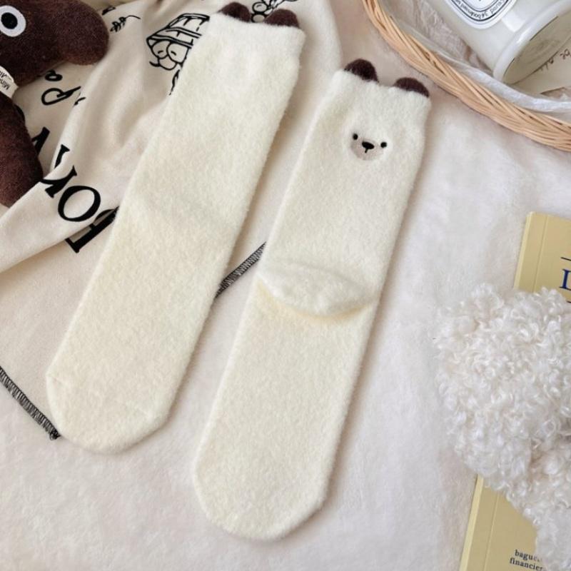 

1 Pair White Middle Socks Cute Animal Cartoon Mink Fleece Socks Thick Warm Home Floor Socks Girly Versatile Accessory Sock Gift