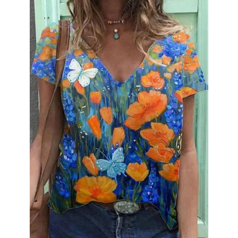 Summer Scenery Flowers Plants 3D Printed Short Sleeved T-shirt Women's Loose Short Sleeved Top V-neck T-shirt