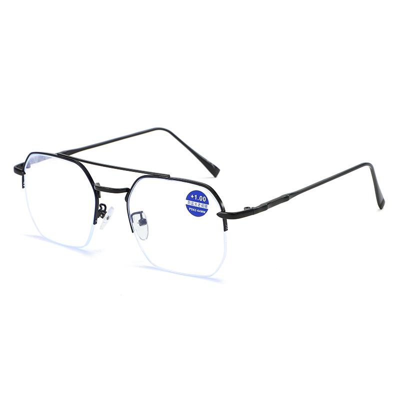 Retro Double-Bridge Square-Frame Presbyopia Glasses Stylish Metal Half-Frame Blue Light Blocking Reading Glasses Men Goggles