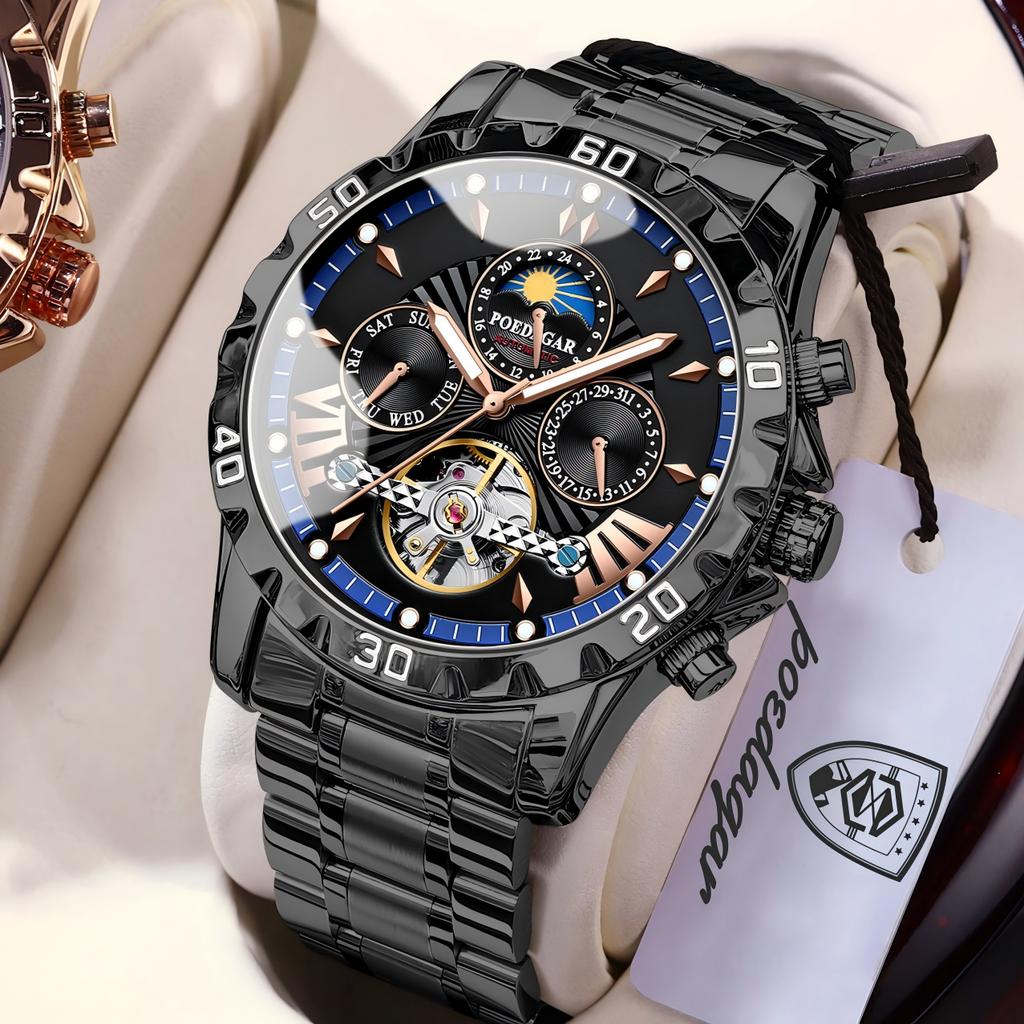 POEDAGAR Luxury Men Watch Luminous Waterproof Hollow Tourbillon Male Clock Week Date Business Automatic Mechanical Watches