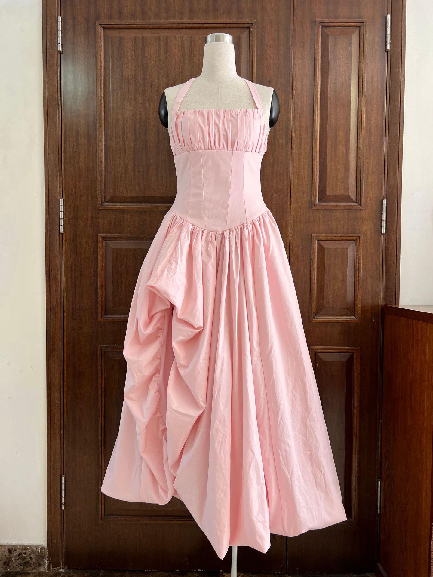 

French Romantic Fishbone Halter Pleated Slit Dress - Slim Waist European & American Style XL світло-рожевий колір
