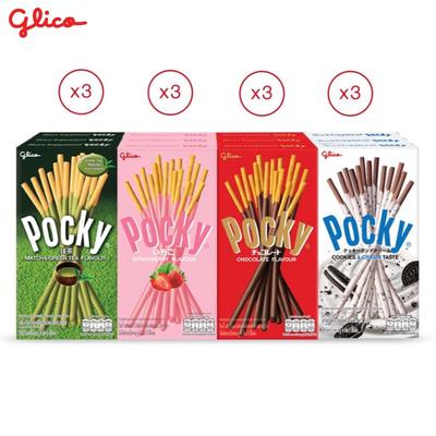 Glico Pocky Triple Happiness Set, Keksstangen überzogen mit milchigem Matcha, Keksen, Sahne, Schokolade und Erdbeere, insgesamt 12 Stück – Thai-Snack