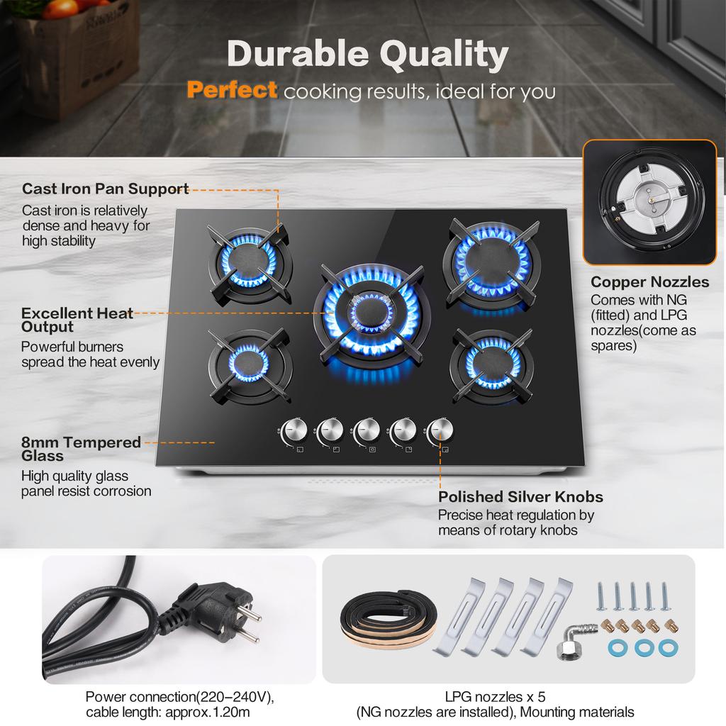 5-Burner 70cm Glass Gas Cooktop Built-In or Freestanding with Automatic Flame Protection for Natural Gas or Propane