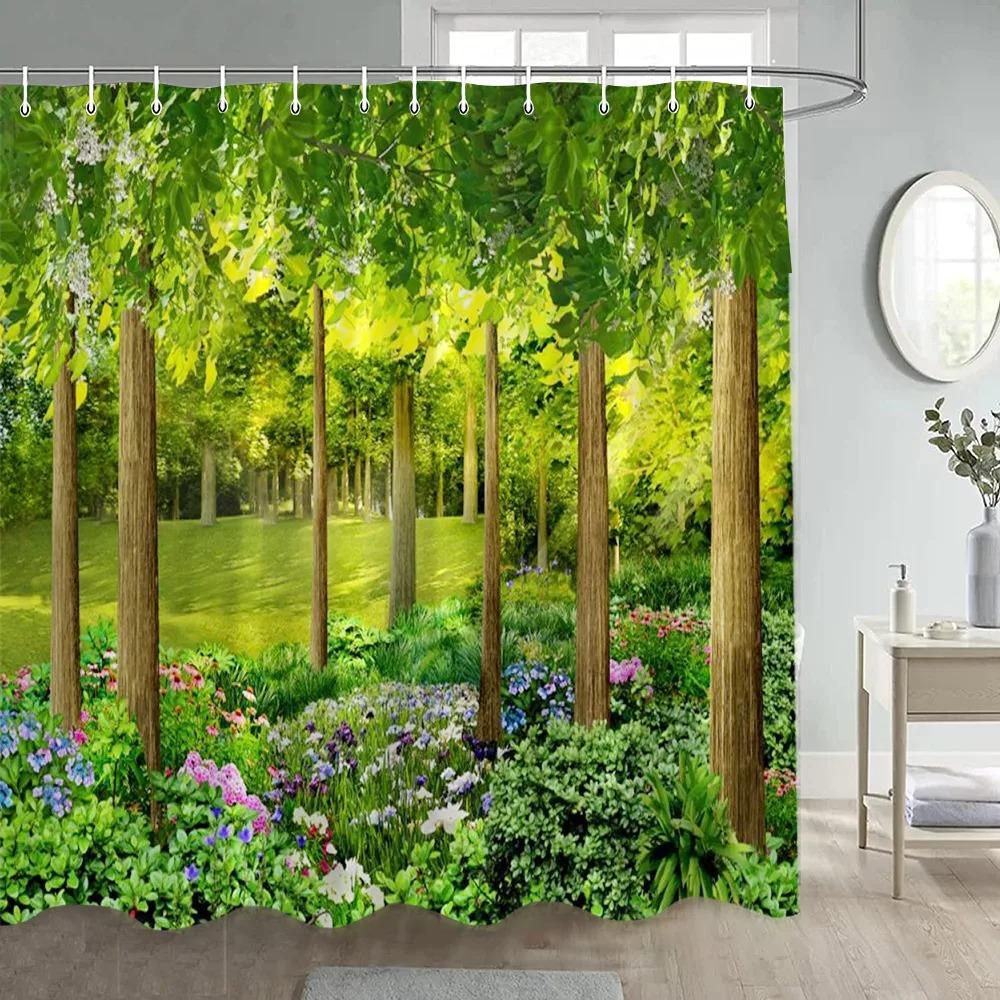Forest Shower Curtains Sunshine Green Trees Plants Brown Window Nature Landscape Polyester Bathroom Curtain Set Decor with Hooks