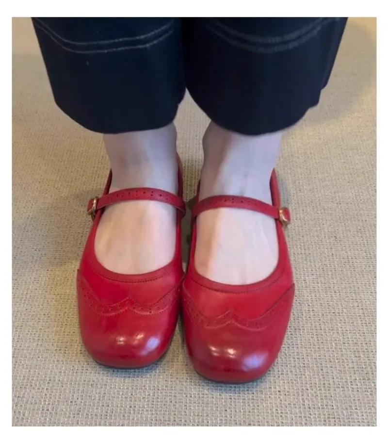 Fashion Retro Round Head Red Single Shoes Shallow Mouth One-word Buckle with Engraved Small Leather Shoes Flat Mary Jane Shoes