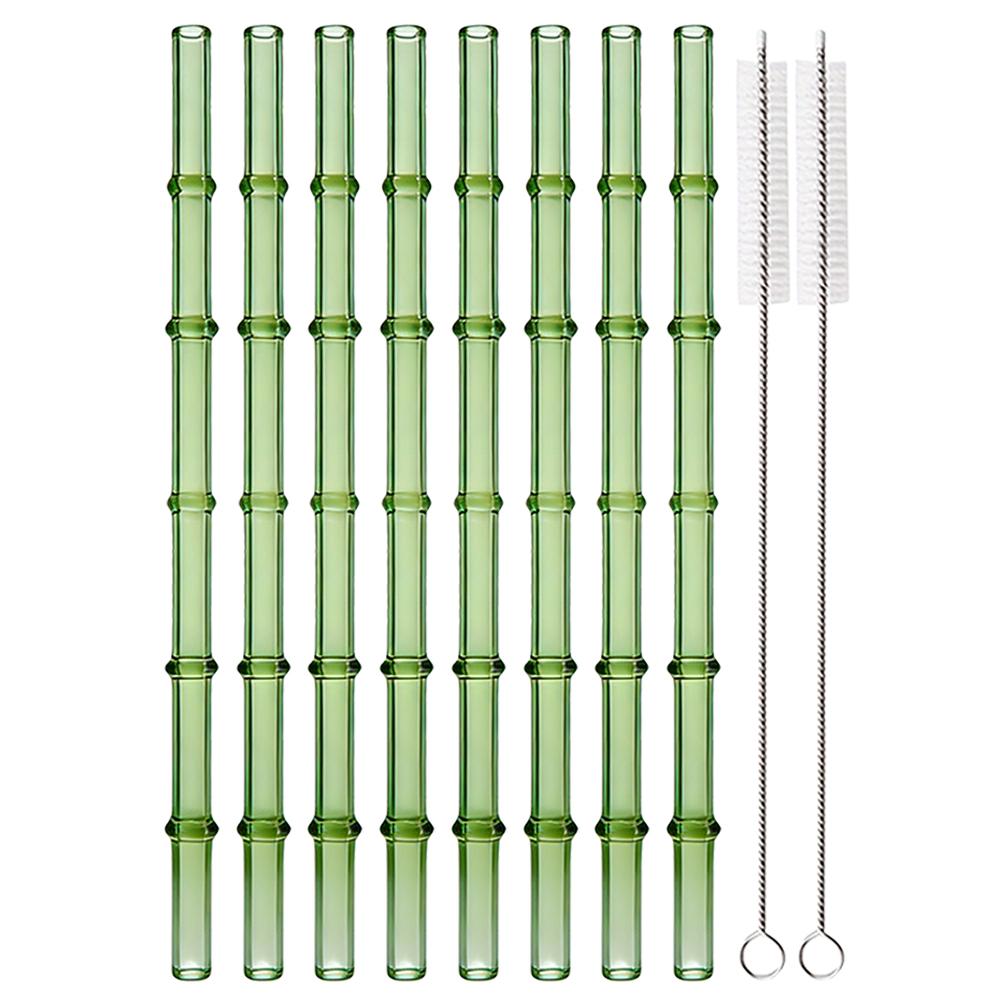 5/10Pcs Reusable Glass Straw with Brush Green Bamboo-shaped Straws Set Suitable for Milkshakes Juices Coffee Bar Accessories