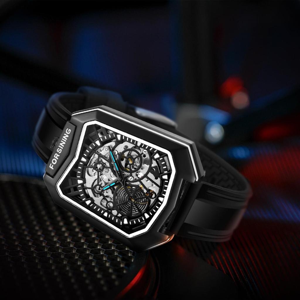 Trendy Unique Skeleton Mechanical Watches Rubber Strap Sports Wrist Watch Creative Square Hollow Automatic Mechanical Watch
