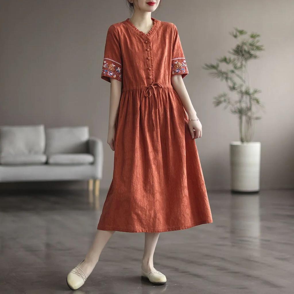 2025 Summer Washed Cotton Dress - Embroidered Midi Dress with Drawstring, Slim Fit Short Sleeve Linen Blend Dress, Boho Chic Casual Women's Outfit