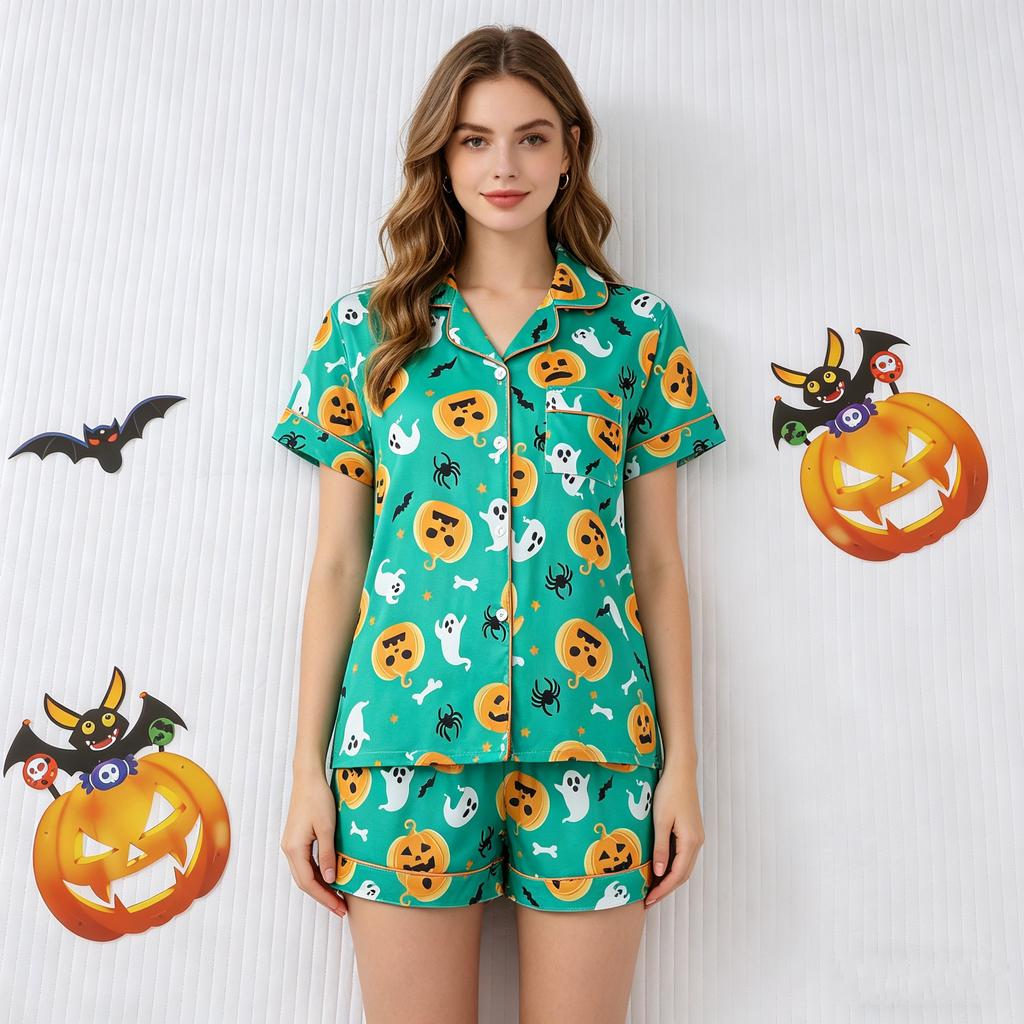 Halloween Women's Pajama Set Lapel Collar Open Front Cardigan Short Sleeve & Shorts Loungewear Loose Ultra Soft Casual Homewear Sleepwear Outfit