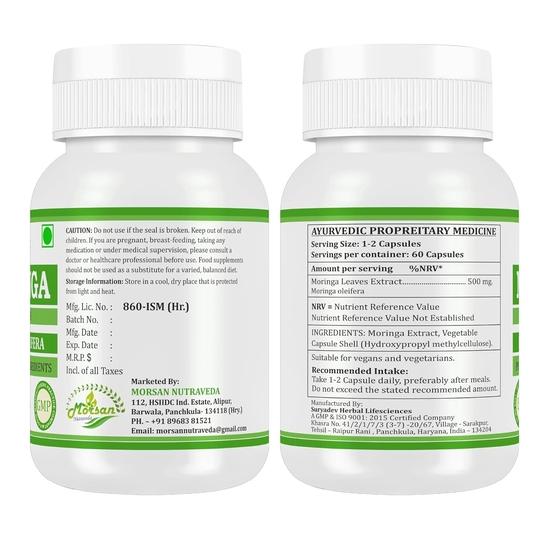Morsan Nutraveda Moringa (Moringa Oleifera, Sahijan) | 60 X 500 Mg Veg Capsules | Enhances Energy Levels, Supports Immune Strength (Pack of 2)