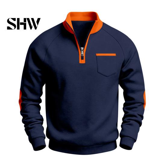 Solid Color Zip Up Tops Men Quarter Zipper Pullover Tops, Mock Neck Long Sleeve Sweatshirt, Contrast Winter Warm Casual Sport with Chest Pocket, Fall