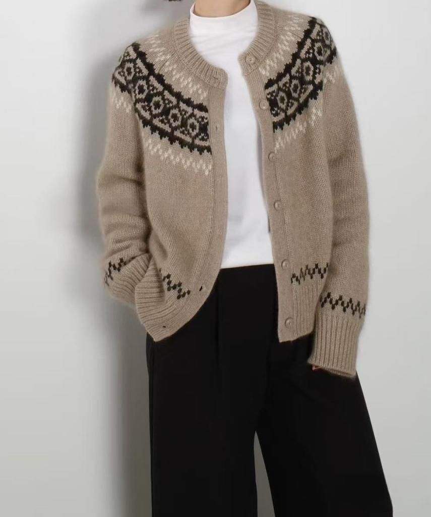 Women's Fair Isle Retro Cashmere Cardigan: Round Neck, Jacquard Sweater Coat, Loose Knit Top