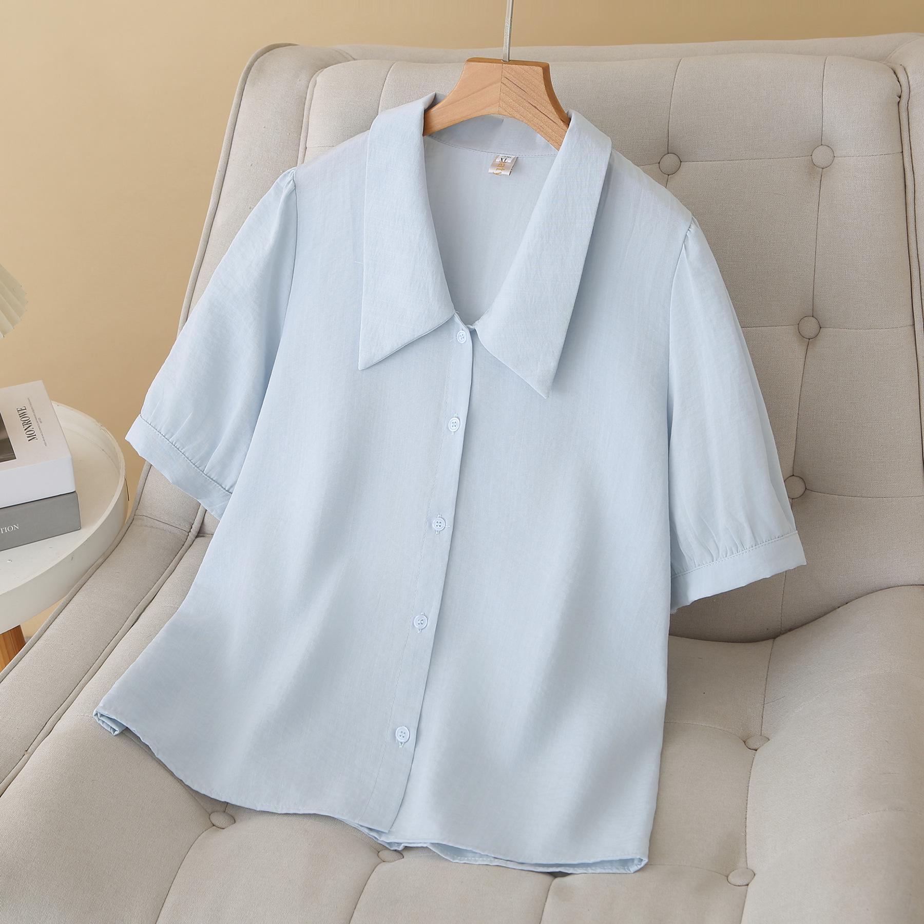 

2026 Summer Artistic Plus Size Shirt: Short Sleeve, Pointed Collar, Cardigan Style, Versatile & Slimming for Women 4XL світло-синій колір