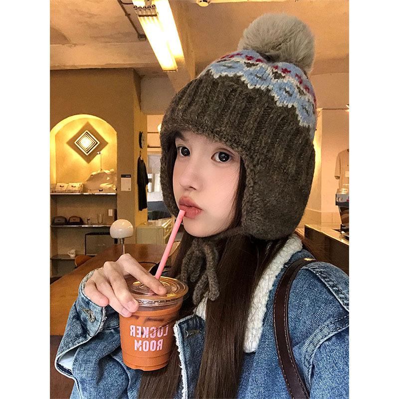 Fair Island Vintage Ski Wool Hat Women's Northeast Thickened Warm Ear Protector Hat Hairball Knitted Hat Winter