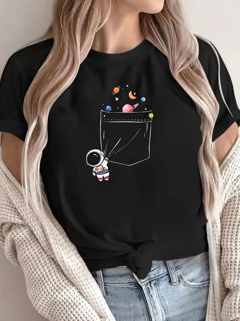 Round Cute Astronaut Colorful Planet Spacethemed Apparel Spacethemed Women's Light Astronaut Space Casual T-Shirt Sleeve