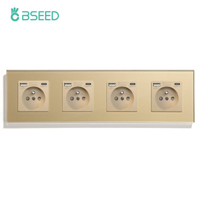 BSEED French Type-C Interface Outlet Wall Socket 16A USB Charge Port Power Socket Glass Crystal Panel Electrical Outlet