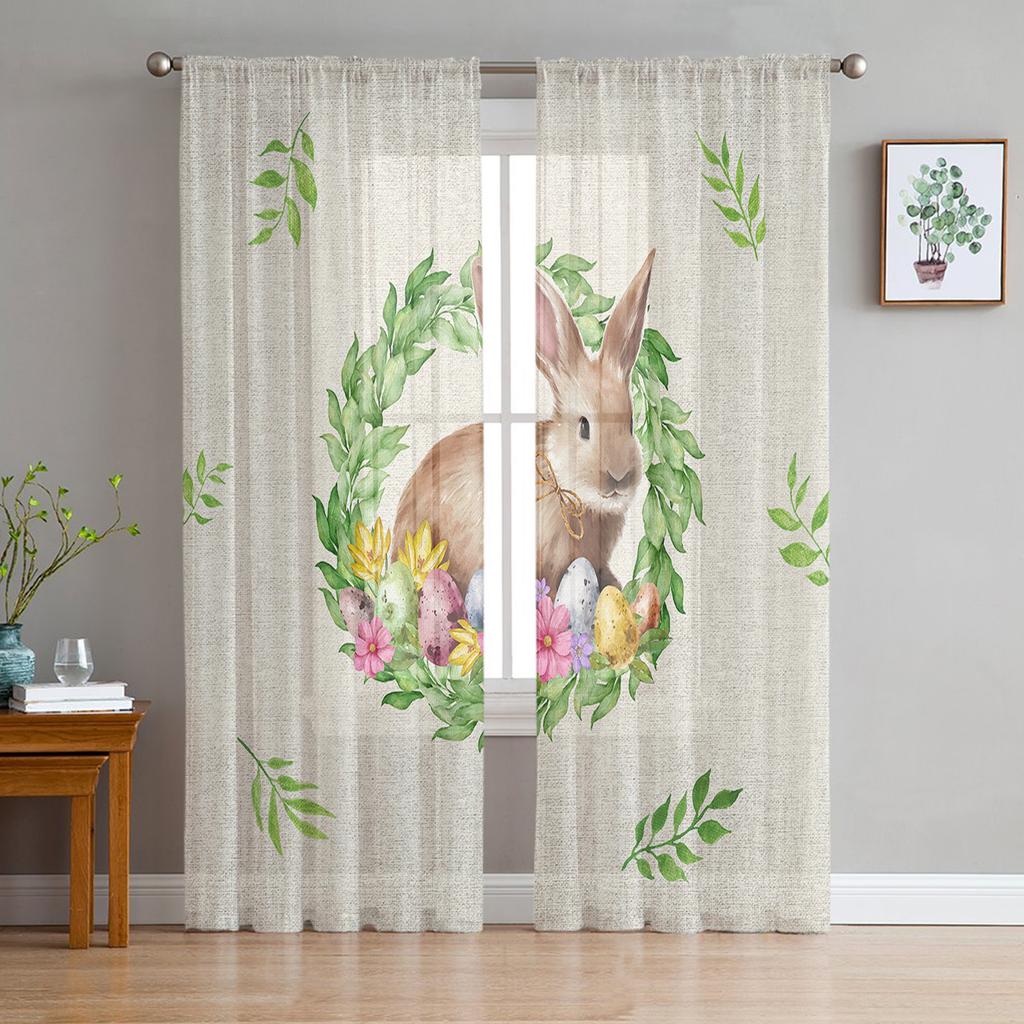 Oster-LKW Hase Schmetterling Kirschblüte Transparente Vorhänge für Wohnzimmer Voile-Vorhang Schlafzimmer Tüllvorhänge Fensterdekoration