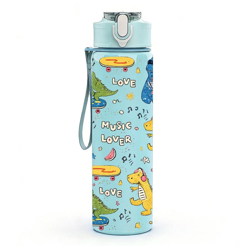 1PC Dino Doodle Hand Drawn Pattern 750ml Color Plastic Sports Water Bottle Leakproof Flip Straw Lid Suitable for Sports Office Home Use