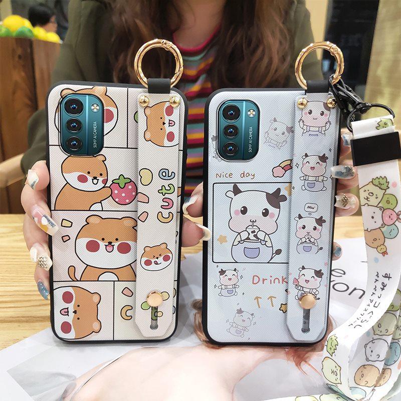 Lanyard Cute Phone Case For Nokia G11/G21 Cartoon Wrist Strap Shockproof Silicone Protective Kickstand Dirt-resistant