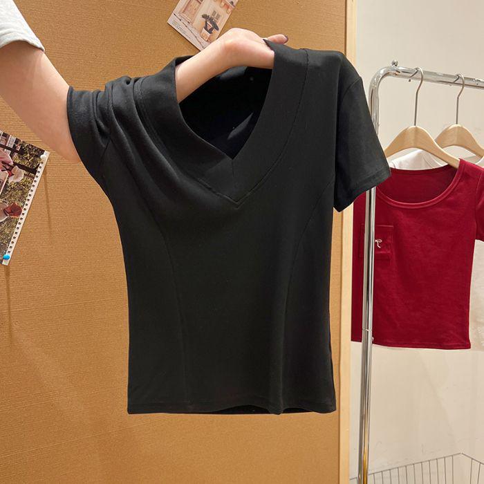 

Женская приталенная футболка с V-образным вырезом и коротким рукавом - Новая летняя мода 2025 L чёрный